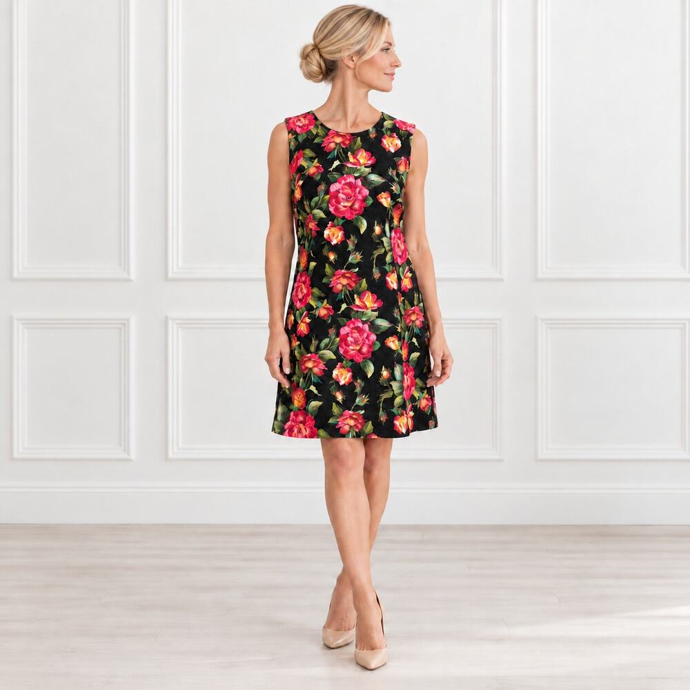 Dolce & Gabbana Women Black Red Rose Floral A-Line Shift Dress Size 48